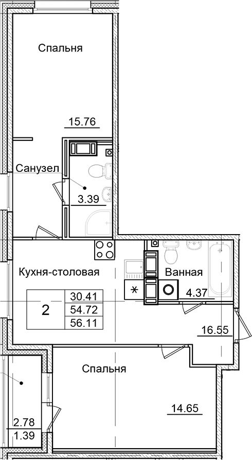 2-комнатная квартира 56.11 м², 2/9 эт., ЖК «Квартал Заречье»
